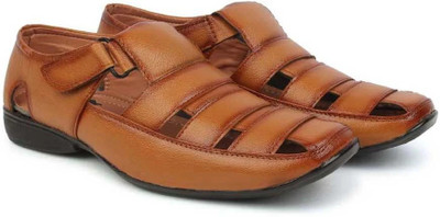 house of common Men Sandals(Tan, Black , 7)