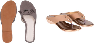 PMS Women Wedges(Grey, Brown , 6)