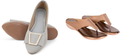 PMS Women Wedges(Grey, Brown , 8)