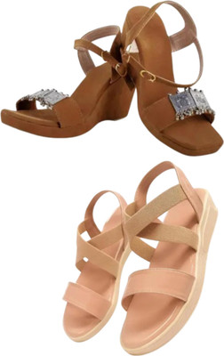 mp collection Women Heels(Brown, Pink , 6)