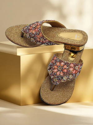 Flowers Life Women Heels(Gold , 7)