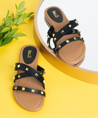 Inc.5 Casual Striped Open Toe Flat Flatforms Women Flats(Black , 7)