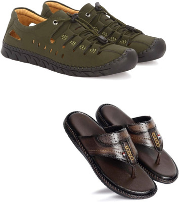 Walkivo Men Sandals(Green, Brown , 6)