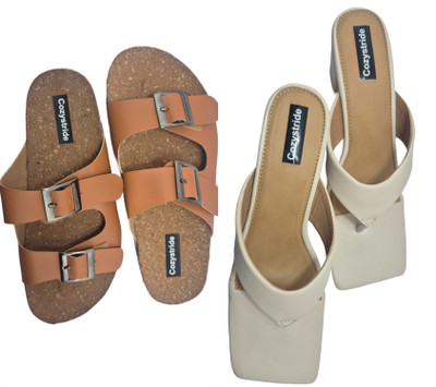 Cozystride Women Heels(White, Tan , 9)