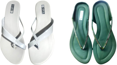 Nicesteps Women Flats(White, Green , 7)