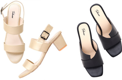 Todhwear Women Heels(Black, Off White , 6)