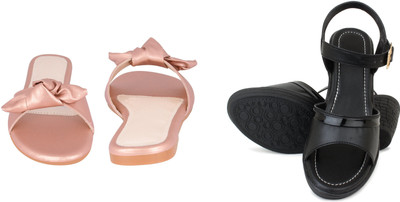 PMS Women Wedges(Black, Pink , 4)