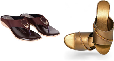 PMS Women Wedges(Maroon, Gold , 3)