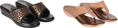 PMS Women Wedges(Brown, Gold , 4)