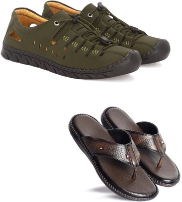 Walkivo Men Sandals(Green, Brown , 9)