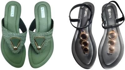 Nicesteps Women Flats(Black, Green , 7)