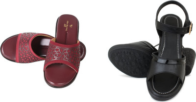 PMS Women Wedges(Black, Maroon , 6)