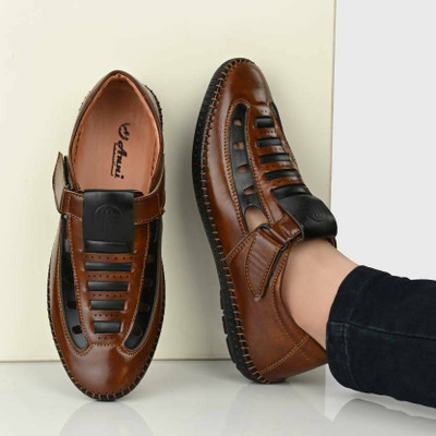 Men's Avenue LaserCut Casual Roman Sandals For Men (Tan) Loafers For Men(Tan , 9)