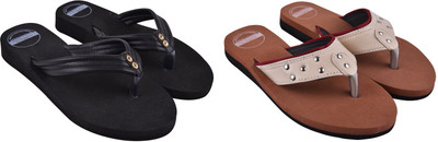 DAUGHTERS made with love Women Flip Flops(Beige, Black , 5)