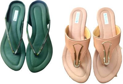 Nicesteps Women Flats(Beige, Green , 6)
