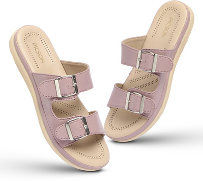Picson Stylish Double Buckle Slides | Premium Look & Extra Soft Cushion Women Flats(Pink , 7)