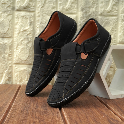 Nine Step Black Casual Sandal with Perforated Vamp, Adjustable Strap & Contrast Stitching Men Sandals(Black , 8)