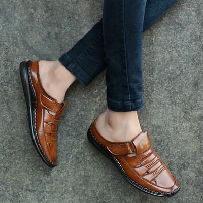 Rising Wolf Comfortable Outdoor Regular Use Synthetic Leather Velcro Casual For Men Men Sandals(Tan , 10)