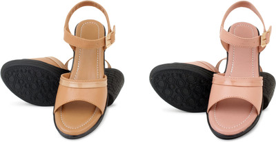 PMS Women Wedges(Beige, Pink , 4)