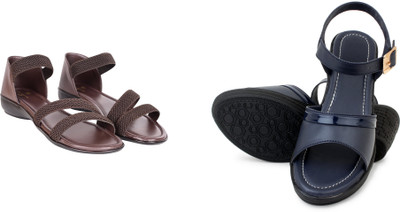 PMS Women Wedges(Grey, Brown , 6)