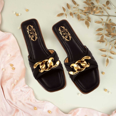 R F C Women Flats(Black, Gold , 8)