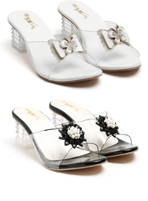 SUPPOSE Women Heels(Black, White , 6)