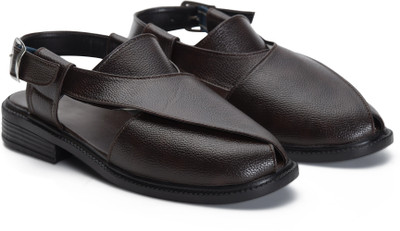 STEPFOX Premium Ethnic Style Peshawari With Adjustable Backstrap heel & Comfort Sole Men Sandals(Brown , 10)