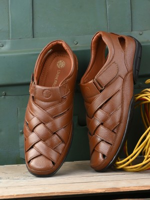 UNDERROUTE 63081 Stylish,Comfortable,Strappy,Genuine leather Velcro Men Tan Sandals