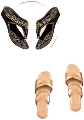 Goraiya Women Flats(Black, Gold , 8)