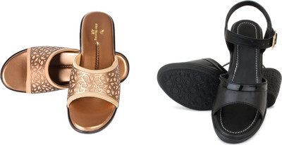 PMS Women Wedges(Black, Brown , 4)