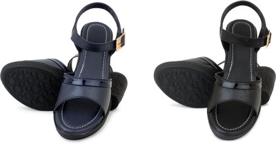 PMS Women Wedges(Black, Grey , 6)