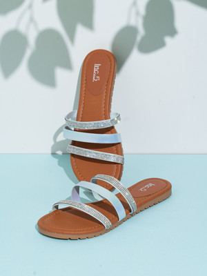 Inc.5 Casual Striped Open Toe Flat Flatforms Women Flats(Silver , 3)