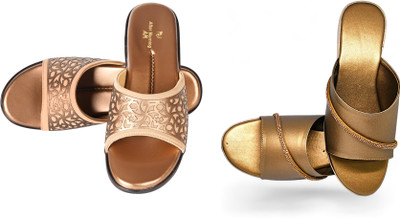 PMS Women Wedges(Brown, Gold , 4)