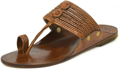 Stepsoft Men’s Leather Kolhapuri Slippers – Ethnic Footwear for Kurta & Indo Western Men Sandals(Brown, White , 11)