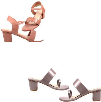 Goraiya Women Heels(Pink, Grey , 8)