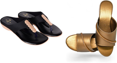 PMS Women Wedges(Black, Gold , 8)