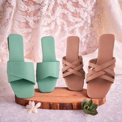 Shoebration Women Flats(Green, Orange , 5)