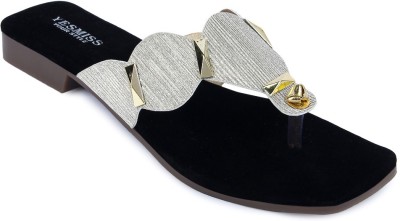 yesmiss Women Flats(Black, Silver , 8)