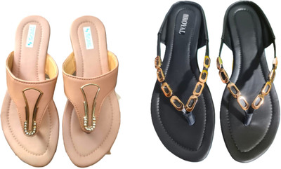 Nicesteps Women Flats(Beige, Black , 8)