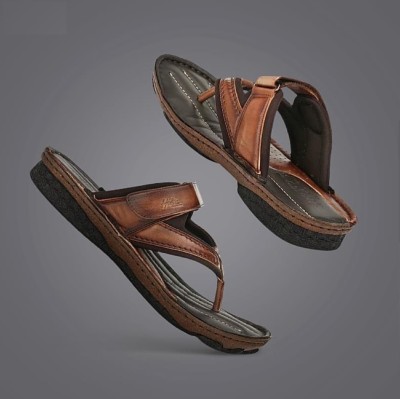 Hitz Brown Leather Open Toe Slippers Men Sandals(Brown , 9)