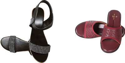 PMS Women Wedges(Black, Maroon , 8)