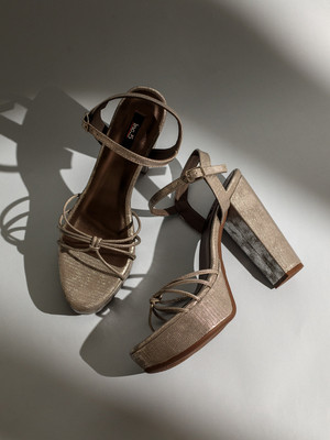 Inc.5 Party Wear Striped Round Toe Block Heel Sandals Women Heels(Beige , 4)