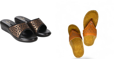 PMS Women Wedges(Brown, Gold , 4)