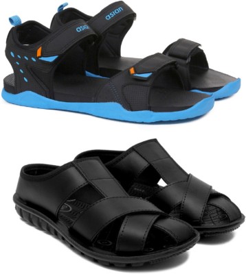 asian Men Sandals(Black, Blue , 8)