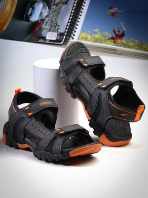 asian Men Sandals(Black, Orange , 9)
