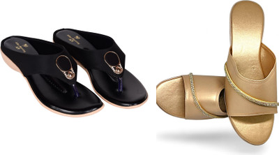 PMS Women Wedges(Black, Beige , 6)