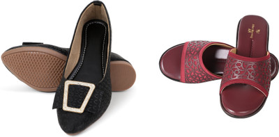 PMS Women Wedges(Black, Maroon , 6)