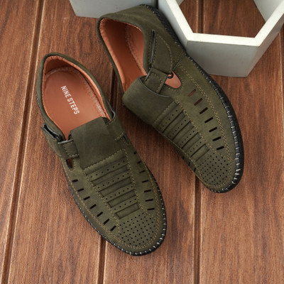 Nine Step Olive Green Casual Sandal with Perforated Vamp, Hook & Loop Strap, and Stitching Men Sandals(Green , 8)