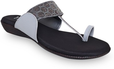 Vwalk Embroidered Slip-ons Ethnic Toe-Ring Flat Sandals | Fashion & Office Chappals Women Flats(Grey , 7)