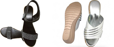 PMS Women Wedges(Black, Silver , 6)